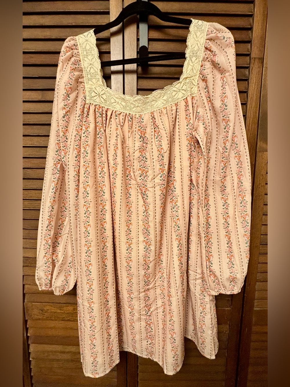 Peach Floral Long-Sleeve Peasant Dress with Velvet Bow & Lace Trim - Picture 7 of 13